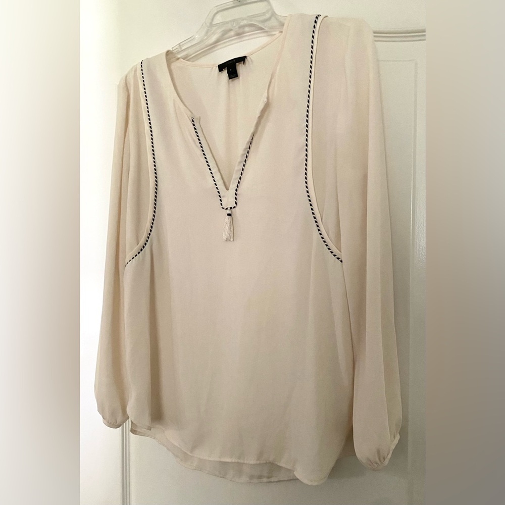 J. Crew Cream Blouse with Black Accents and tassel - Picture 2 of 10